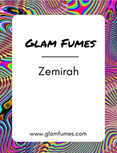 A colorful and vibrant graphic design featuring the brand name 'Glam Fumes' and the product name 'Zemirah' for a perfume or body oil product.